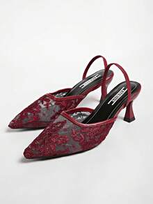 New Chinese Style White High Heel Mules, Pointed Toe Lace Embroidery Convertible Sandals For Women,Summer Shoes - Burgundy - View 3