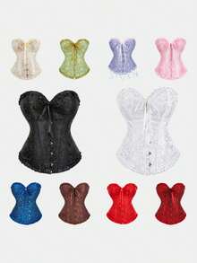 Áo corset kiểu retro thanh lịch với họa tiết xương cá, áo corset buộc dây, áo định hình eo, áo bustier ôm sát cổ điển, phù hợp cho trang phục cưới, tiệc tùng, Halloween và các ngày lễ. - Nhiều màu - Xem 4