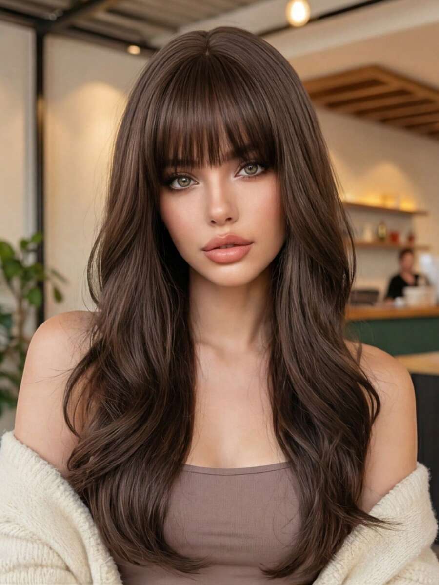 Women's High-End Long Wavy Bangs Wig, Natural And Realistic Heat-Resistant Synthetic Fiber Material, Elegant Layered Design Suitable For Daily, Date, Party And Other Occasions - Multicolor - View 1