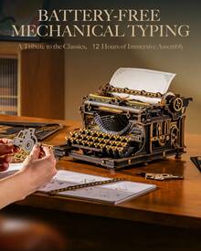 Robotime LK703B 3D Wooden Typewriter Puzzle – Black And Gold Mechanical Model Kit, Fully Functional DIY Toy, Vintage Home/Office Decoration, And Collectible Gift For Adults And Teens - 黑色 - 查看 5