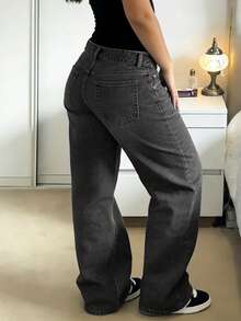 MYOURSA Women's Loose Low-Waist Wide-Leg Distressed Vintage Jeans, Streetwear Y2K Style Casual - 深灰色 - 查看 2