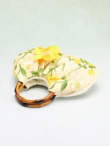 SCULPTEDSTYLE 包包 1 件装 黄色 3D 立体刺绣花叶图案网纱手提包，复古竹褶云朵托特包，亚麻底波西米亚风休闲沙滩度假包，适合搭配优雅长裙、波西米亚风连衣裙（花样随机） - 黃色 - 查看 8