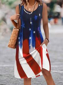 3D Women'S Fashion American Flag Print Sleeveless Vest Dress-Navy Blue, White And Red Gradient Color, Round Neck, Casual Summer Dress, Suitable For Adults, Casual Summer Clothing |   Patriotic Design |   Architecture, American Flag Accessories - màu đen - Xem 1