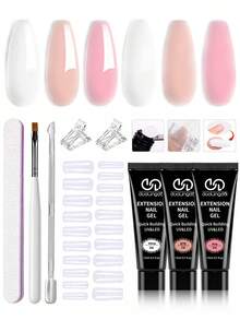 9-teiliges Set - Weiß, Rosa Polymer Gel Verlängerungswerkzeug Set, enthält 20 Nagelformen, Nagelclips und Multifunktions-Nagelbürste, perfekt für DIY-Maniküre zu Hause, ideales Geschenk für Mädchen - Verschiedenfarbig - Übersicht 9