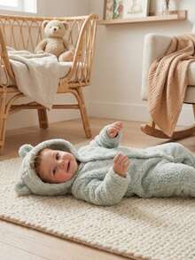 Fleece  With Ears, Winter, Cold Weather, Long Sleeves, Baby Boy, Baby Girl, Newborn To 12 Months, Hooded, Cute, Stylish, Comfortable, Warm - 淺綠色 - 查看 2