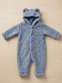 Fleece  With Ears, Winter, Cold Weather, Long Sleeves, Baby Boy, Baby Girl, Newborn To 12 Months, Hooded, Cute, Stylish, Comfortable, Warm - 藍色 - 查看 3