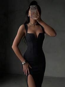 Vestido de cóctel, fiesta, boda y primavera para mujer, de estilo elegante y sexy con tirantes finos, negro, de longitud media, con abertura decorativa y ajustado - Negro - Ver 3