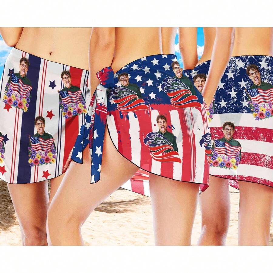 Custom USA Flag Face Print Beach Sarong Wrap, Personalized Patriotic Swim Cover Up, 4th Of July Tie Side Pareo Skirt, Funny Custom Photo Bathing Suit Coverup For Bachelorette Vacation - Nhiều màu - Xem 1