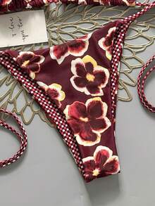 2pcs Retro Floral Colorblock Plaid Print Bikini Swimwear, Suitable For Beach, Pool, Cruise, Party In Spring And Summer Vacation - Wine Red Base With Purple Flowers - View 5