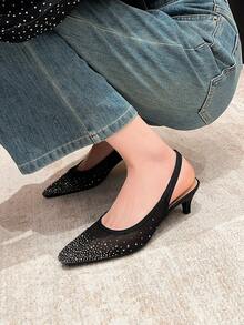 Xin Jing Shoes 新款春夏女士中跟凉鞋，时尚百搭圆头网面水钻装饰婚礼派对露趾细高跟鞋 - 黑色 - 查看 2