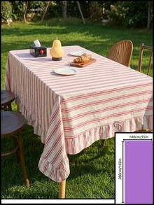 1pc Light Red Fresh Striped Ruffle Tablecloth, American Farmhouse Style Minimalist Decor, Rectangular For Dining Table, Coffee Table, TV Stand, Entryway, Suitable For Holidays, Parties, Weddings, Banquets, Home, Office, Outdoor Picnic, All Seasons - Red - View 17