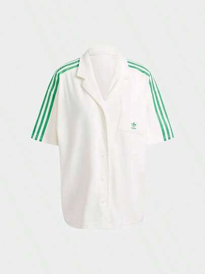 Adidas Áo sơ mi nữ tay ngắn kẻ sọc cổ điển, thoải mái, rộng rãi, phong cách thường ngày JH0614