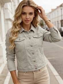 女款經典classic牛仔衣 附彈性 水洗 秋季 Women's denim jackets Women's coats Women's tops Women's jackets Stretch denim jackets Outerwear Comfortable Everyday Fall Summer Fall Vacation OutingCasual休閒帆布 - 淺灰色 - 查看 3