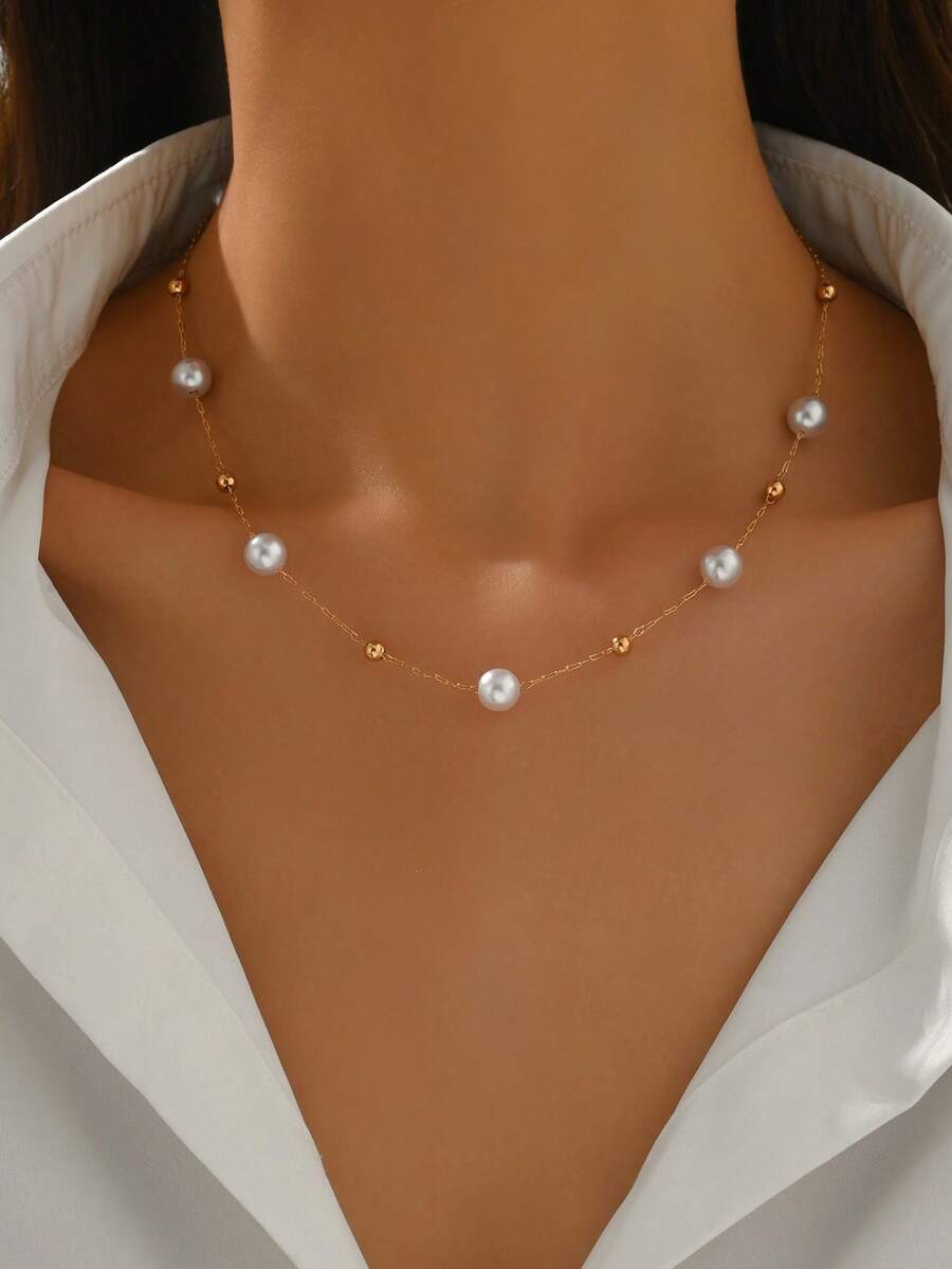 1pc Minimalist Faux Pearl Copper Chain Necklace, Suitable For Daily, Casual, Commute, Party, Vacation Matching, Birthday, Holiday, Mother's Day Gift