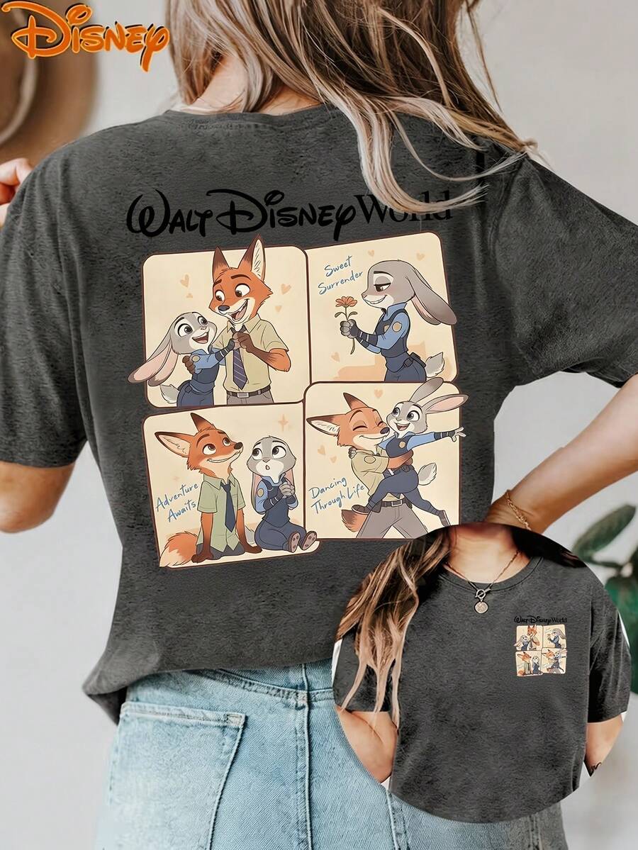 Disney License T Shirts,Disney Zootopia Judy Hopps Nick Wilde Cartoon Panel Graphic Oversized T Shirt Women Cute Adventure Print Drop Shoulder Short Sleeve Tee Disney Movie Fan Casual Streetwear Top ,Camiseta, Summer Outfits For Women, Summer Clothes, Summer Tops, Tops For Women, Festival Outfits, Summer Tops For Women, Mother's Day, Mother's Day Clothing, Gifts For Family And Friends, Spring Outfits For Women, Officially Licensed Disney T-Shirts, Disney Men's And Women's Spring/Summer Fashion Casual Short-Sleeve T-Shirts - 灰色 - 查看 1