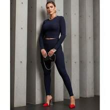 Leggings And Long-Sleeved Blouse Set - Màu xanh hải quân - Xem 5