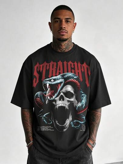 男士宽松美式街头风印花短袖圆领T恤，夏季款