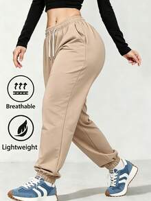 Women'S Outdoor Casual Running Pants - Elastic Waistband Pockets Sports Trousers, Lightweight All-Season Pants, Women'S Athletic Long Pants, Suitable For Gym, Machine Washable, Solid Color Design, Comfortable Fit, Y-Shape Style, Stretchy Waist, Ideal For Outdoor Hiking & Sports Enthusiasts Tights Spring - Brown - View 9