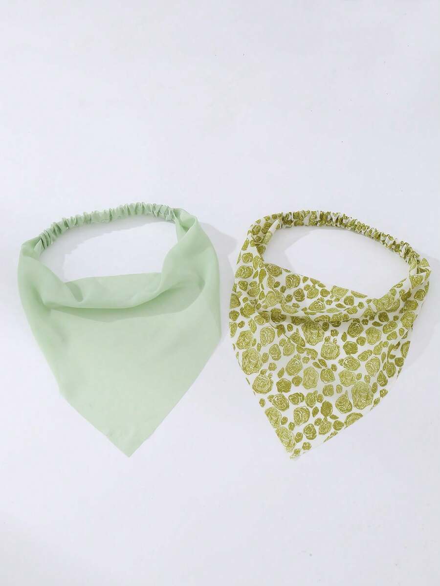 2pcs Women's Accessories, Minimalist Fresh Green Rose Flower Print Triangular Headband, Suitable For Daily, Spring/Summer, Vacation, Party, Decoration Women Bandana Beach Accessories Summer Beach Hair Bands - Multicolor - View 1