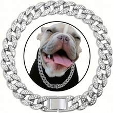 Dây chuyền thú cưng kiểu mắt xích phong cách Hiphop, chất liệu hợp kim kẽm đính đá lấp lánh, phụ kiện vòng cổ cho mèo và chó nhỏ/vừa/lớn, thích hợp đeo hàng ngày hoặc trong các lễ hội. - Nhiều màu - Xem 9
