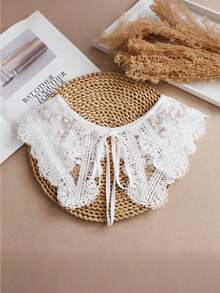 1 pieza Cuello con inserto de encaje floral elegante francés de estilo multicapa, decorado con botones de perlas huecas, adecuado para uso diario, citas y estilo callejero, para primavera/otoño - Multicolor - Ver 11