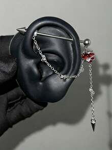 1 chiếc khuyên xỏ công nghiệp bằng thép không gỉ hình trái tim đính đá đỏ, cỡ 14G 1.6mm, có dây xích. - Bạc - Xem 8