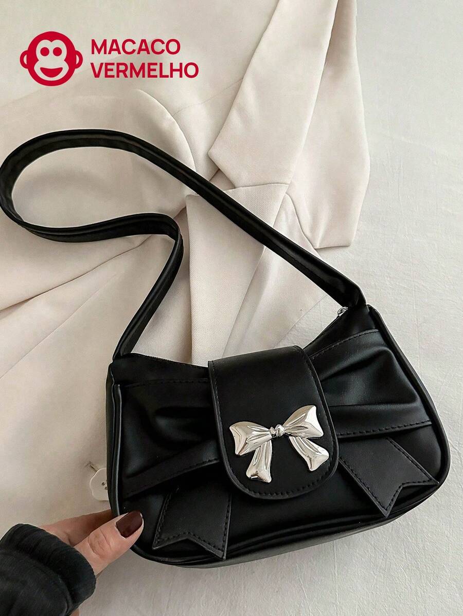 Foldable PU Leather Clutch Shoulder Bag, Decorated With Metal Bow Tie, Suitable For Daily Outings And Casual Dates, Cute And Stylish Small Bag Design, Crescent Moon Pattern, Women's Handbag, Valentine's Day Gift, Best Valentine's Day Gift Choice, Fashionable Bow Tie Wallet - 黑色 - 查看 1