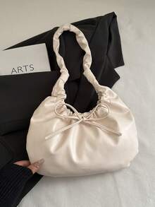云褶大容量单肩腋下饺子包，复古小众软抽绳蝴蝶结通勤包 - 白色 - 查看 5