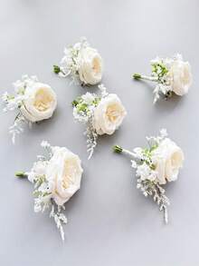 1 Stück/6 Stück künstliche Seide Rose Blume Bräutigam Ansteckblume Mann Bruder Corsage Abschluss Anstecknadel Anzug Hochzeit Blumen Party Dekoration - Milchig weiß - Übersicht 6