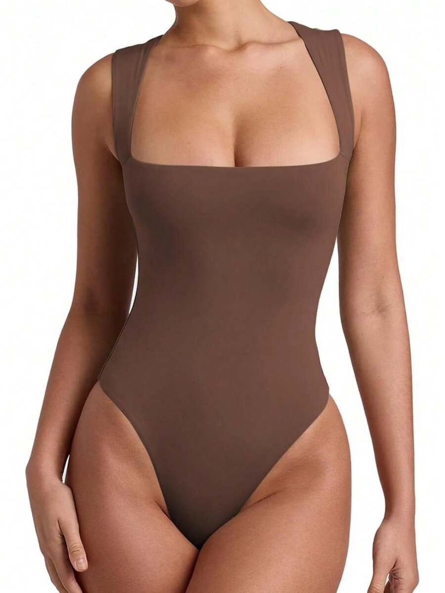 Women's Sleeveless Square-Neck Double-Layer Lined Basic Jumpsuit: Sexy Solid-Color Fitted Summer Jumpsuit - 咖啡 - 查看 1