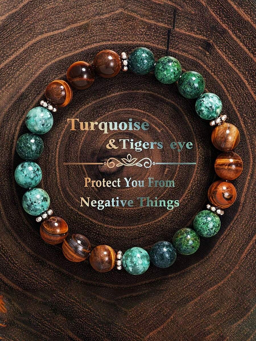 This Adjustable Beaded Elastic Bracelet Is Made Of Natural Turquoise And Tiger's Eye, Suitable For Men And Women To Wear, Aiming To Eliminate Negative Energy, And Very Suitable As A Jewelry Accessory Or Gift. - Multicolor - View 1