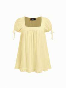 Womens Square Neck Babydoll Dress Solid Color Summer Puff Short Sleeve A-Line Mini Ruffled Dresses Casual Loose Fit Mini Dress For Daily Travel - Light Yellow - View 3