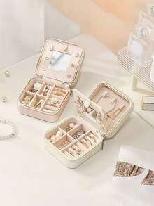 1 buah Kotak Perhiasan Cermin Portabel Multifungsi, Organizer Perhiasan Kulit PU dengan Pengait Kalung, Sekat yang Dapat Dilepas untuk Cincin, Anting, Gelang, Lipstik, Cocok untuk Perjalanan, Pantai, Pesta, Hadiah Hari Valentine - MultiWarna - View 2