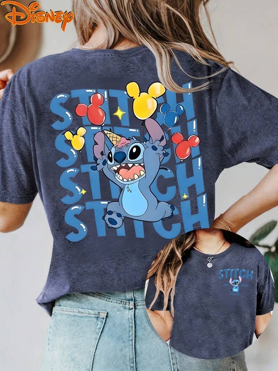 Disney License T Shirts,Disney Stitch Lilo & Stitch Graphic T-Shirt, Women's Oversized Ice Cream Mickey Balloon Repeat Letter Print Short Sleeve Tee, Casual Loose Fit Cute Top For Lilo & Stitch Fans, Daily Wear, Disney Outings & Summer Wear ,Camiseta, Summer Outfits For Women, Summer Clothes, Summer Tops, Tops For Women, Festival Outfits, Summer Tops For Women, Mother's Day, Mother's Day Clothing, Gifts For Family And Friends, Spring Outfits For Women, Officially Licensed Disney T-Shirts, Disney Men's And Women's Spring/Summer Fashion Casual Short-Sleeve T-Shirts - 藍色 - 查看 1