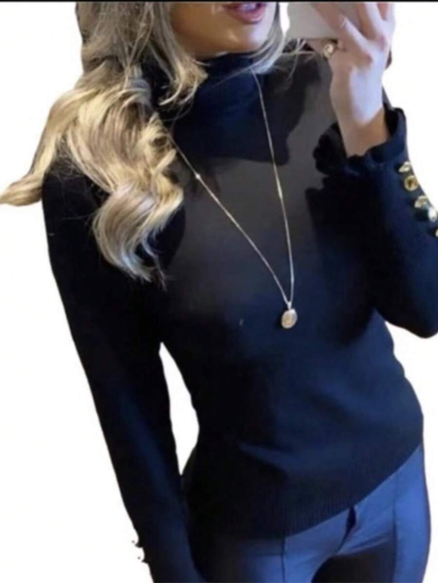 Women's Fashion Knit Blouse With Turtleneck Collar, Ruffled Sleeves, Button Detail, Sweater - New Release - 黑色 - 查看 1