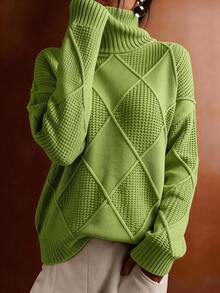 Solid Color Turtleneck Long Sleeve Sweater, Autumn/Winter - Green - View 2