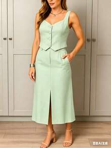 Women's Premium Tailored Vest And Midi Skirt Set - Versatile For Work And Events - Bean Green - View 1