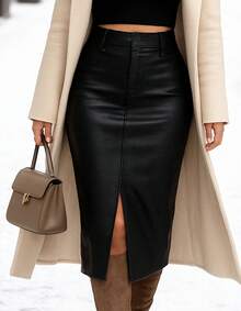 Midi Skirt With Slit In Faux Leather - Elegance Autumn Winter 2026 - 黑色 - 查看 4
