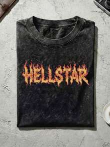 Retro Washed Graphic T-Shirt,100 % Cotton Unisex Streetwear, Men's Y2K Grunge Hellstars Slogan & Flaming Fire Text Graphic Double-Sided Print T-Shirt, Acid Washed Tee, Flaming Skull Dark Aesthetic Oversized T Shirt, Graphic Tees Men, Camisetas Para Hombre, Ropa De Hombre, Playera De Hombre, Navidad,Summer Outfits For Men Woman GHNX - 黑色 - 查看 3