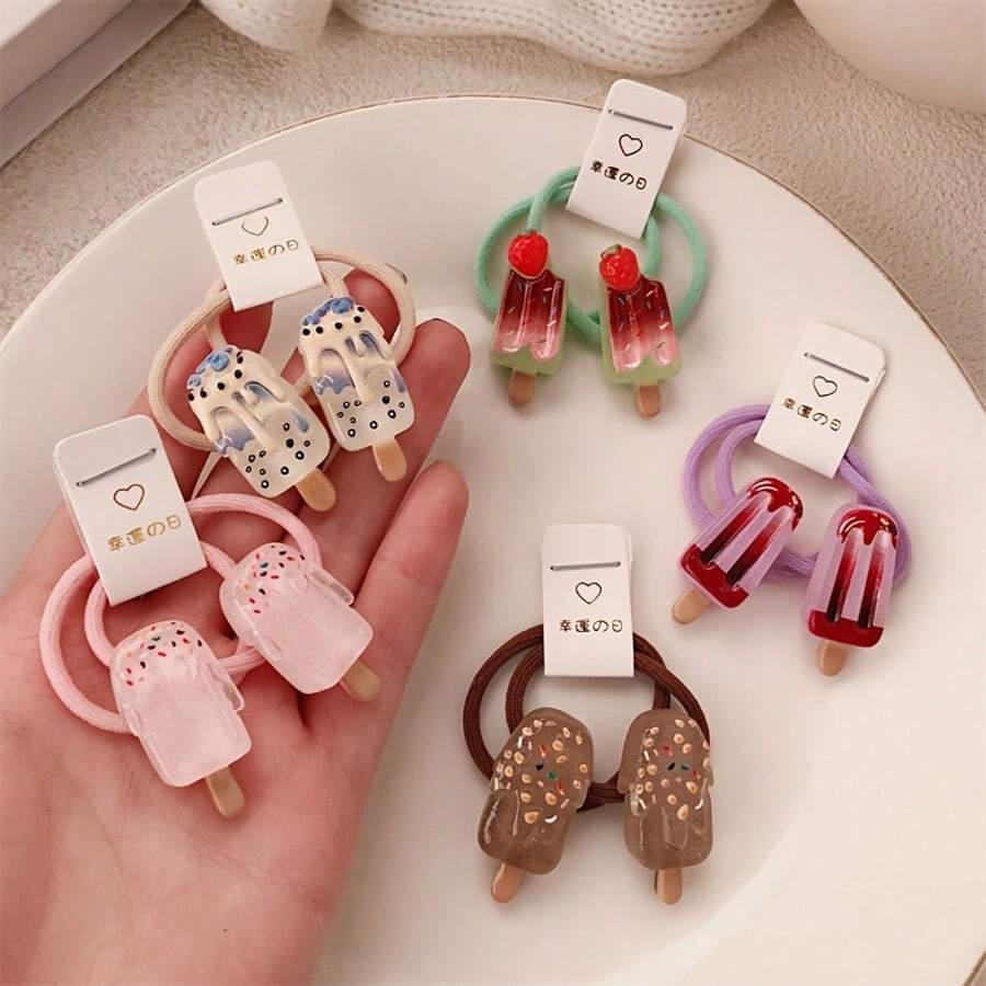 10个装新鲜冰淇淋冰棒造型发圈,高弹力发带,女士马尾辫发圈,橡皮筋发绳,发圈,发绳,节日派对必备 - 淡紫色 - 查看 1
