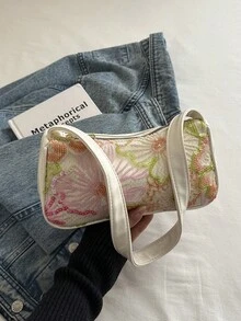 Túi đeo vai nữ, mẫu mới về, thêu hoa 3D đính sequin, kiểu dáng baguette, đa năng, phù hợp cho kỳ nghỉ, đeo dưới cánh tay. - màu xanh lá - Xem 11