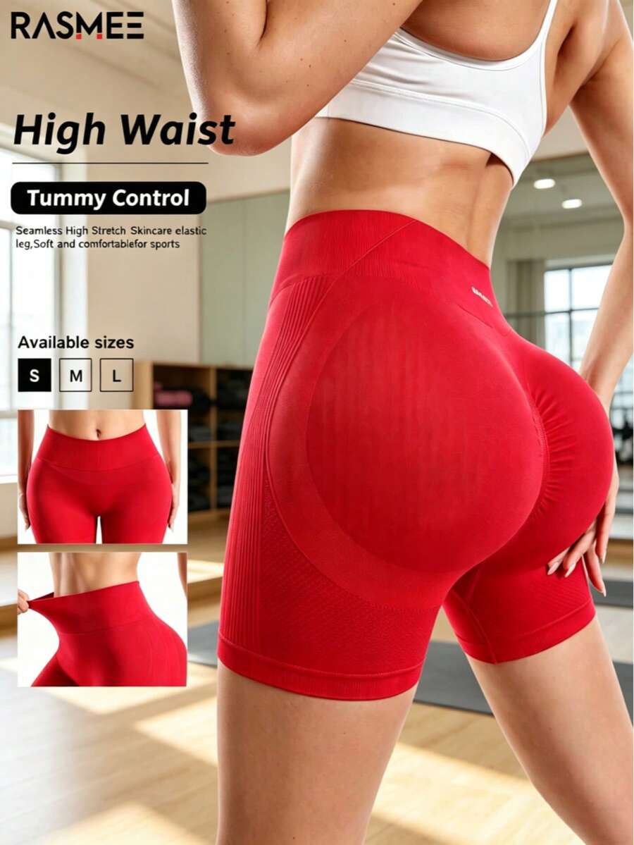 1 chiếc quần short yoga không đường may, co giãn cao, cạp chéo, màu trơn, quần định hình không đường may, nhanh khô, thoáng khí, phù hợp cho chạy bộ, tập thể dục, bộ đồ thể thao nữ mùa xuân/hè. - Đỏ - Xem 1