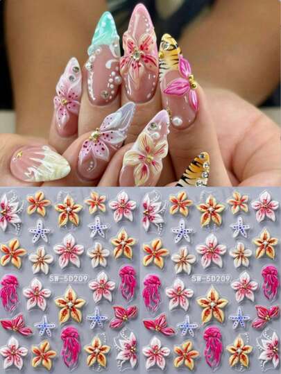 2 Packs Summer Ocean Style 5D Embossed Hibiscus Flower Stickers Shell Jellyfish Pattern Self-Adhesive Nail Decals Decorations Women's Nail Supplies