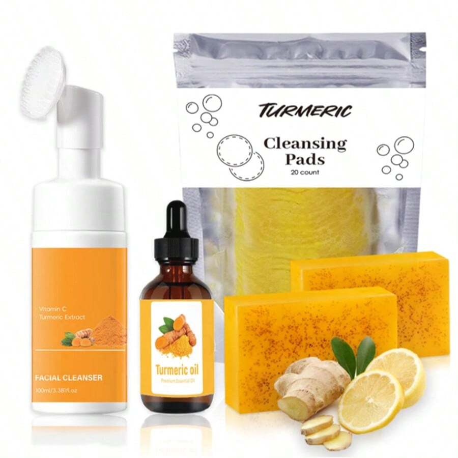 Este set de limpieza de 4 piezas con cúrcuma incluye 30 toallitas limpiadoras y un frasco de espuma limpiadora de cúrcuma. Limpia en profundidad y hidrata con una generosa dosis de curcumina, vitamina E y extracto de rosa. Esta fórmula naturalmente suave es apta para rostro y Body. - Amarillo - Ver 1