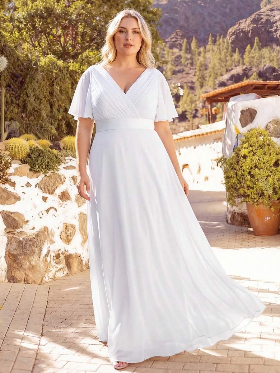 Đầm dài xếp ly tay bồng bằng vải chiffon, thích hợp cho các buổi hẹn hò, lễ đính hôn mùa hè, tiệc cô dâu, đám cưới và các dịp khác, đầm phù dâu màu trắng. - trắng - Xem 1