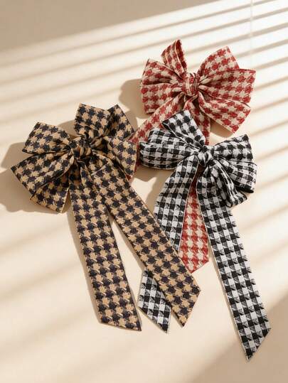 Bộ 3 kẹp tóc nơ ruy băng kẻ caro cổ điển - Hoàn hảo cho phụ kiện hàng ngày.