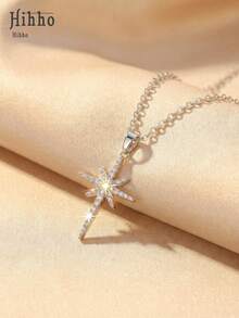 Hihho [1pc] Classic Star-Shaped Pendant, Can Be Layered With Fine Chain Pearl Necklace, Square Pendant Necklace To Create Depth, Suitable For Summer Camisole, Refined Look For Any Occasion, Appropriate As Daily Or Gift - Starlight - View 3