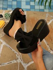 Dép lê đế xuồng dày có nơ kiểu mới năm 2026, dép xăng đan cao gót một quai trong suốt đế dày kiểu dáng thường ngày cho mùa hè. - màu đen - Xem 1