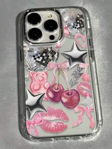 1pc Metal Case Transparent Personalized Lips Pink Cherry Bowknot Lightning Star Puzzle Collage Pattern Phone Case Personalized Applicable For IPhone 16 Pro Max Phone Case 17/16/15/14 Plus/13/12/11 Protective Case Air - Multicolor - View 3