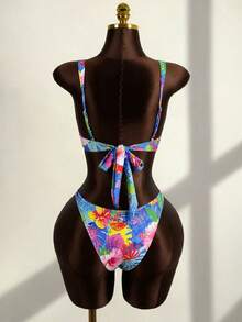 Women's Elegant Tropical Print Backless Tie Bikini Set, Fashionable Beach Resort Casual Wear For Spring, Summer And Autumn Vacation - Blue - View 5